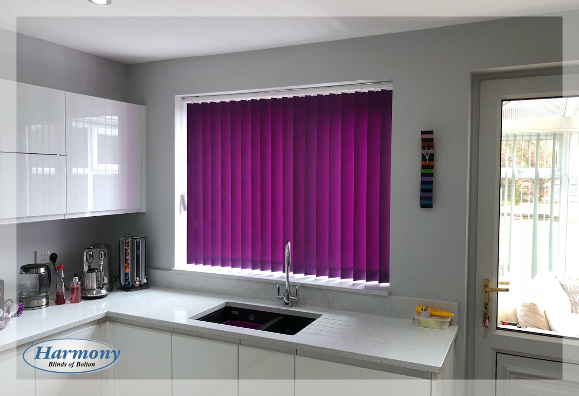 Purple Vertical Blinds in a Kitchen