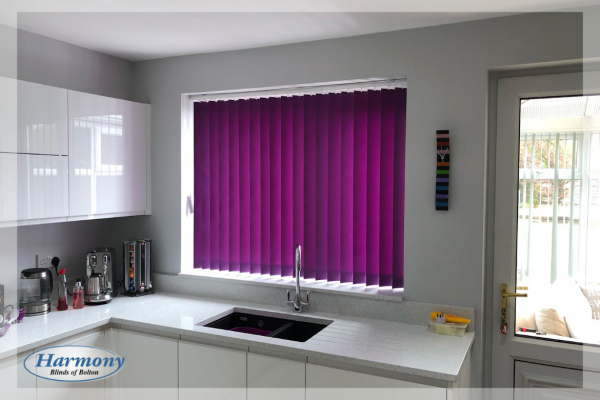 Purple Vertical Blinds in a Kitchen