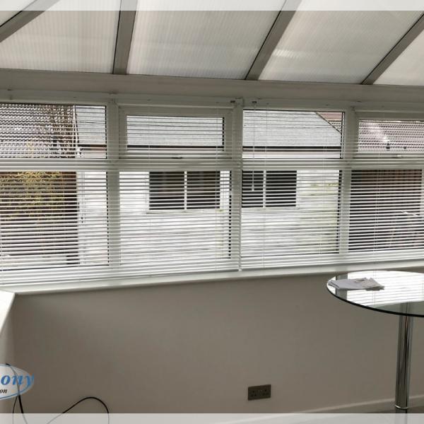 Silver Venetian Blinds in a Lean to Conservatory