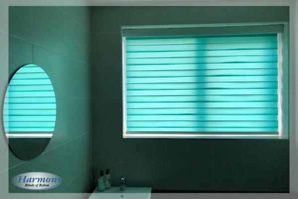 Teal Day & Night Roller Blind in a Bathroom